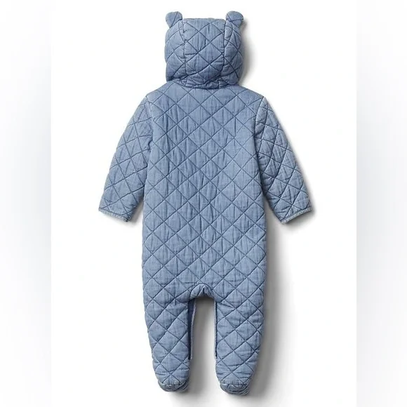Baby Quilted Chambray Bear One-Piece Size 6M- 12M Blue Cozy Infant Winter Fall - Picture 2 of 8
